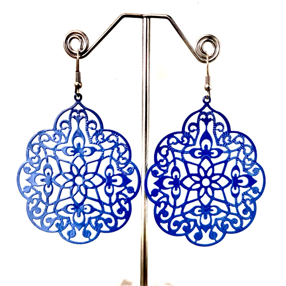 Blue metal cut out earrings